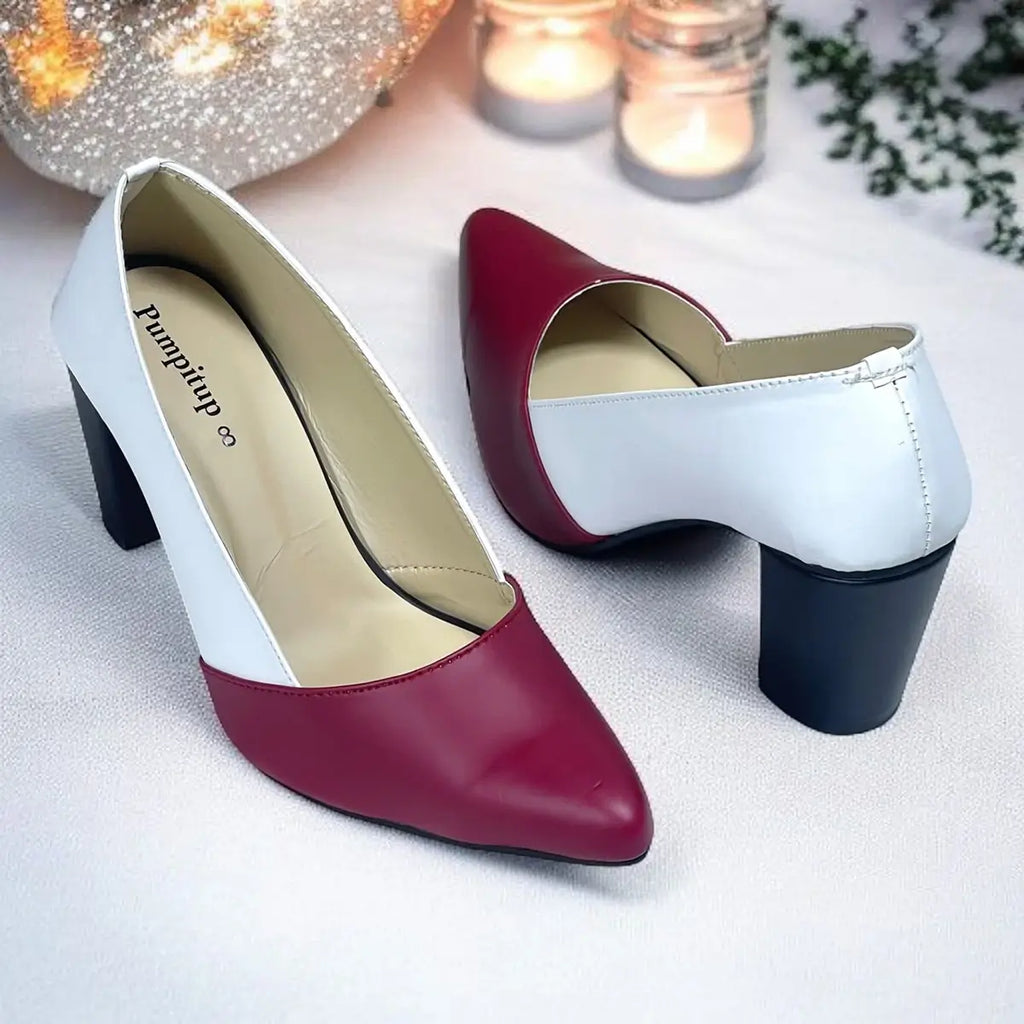 PumpItUp Flamingo Maroon-White Two-Tone Block Heels PIU_299 with pointed toes and 3-inch black block heels.-3