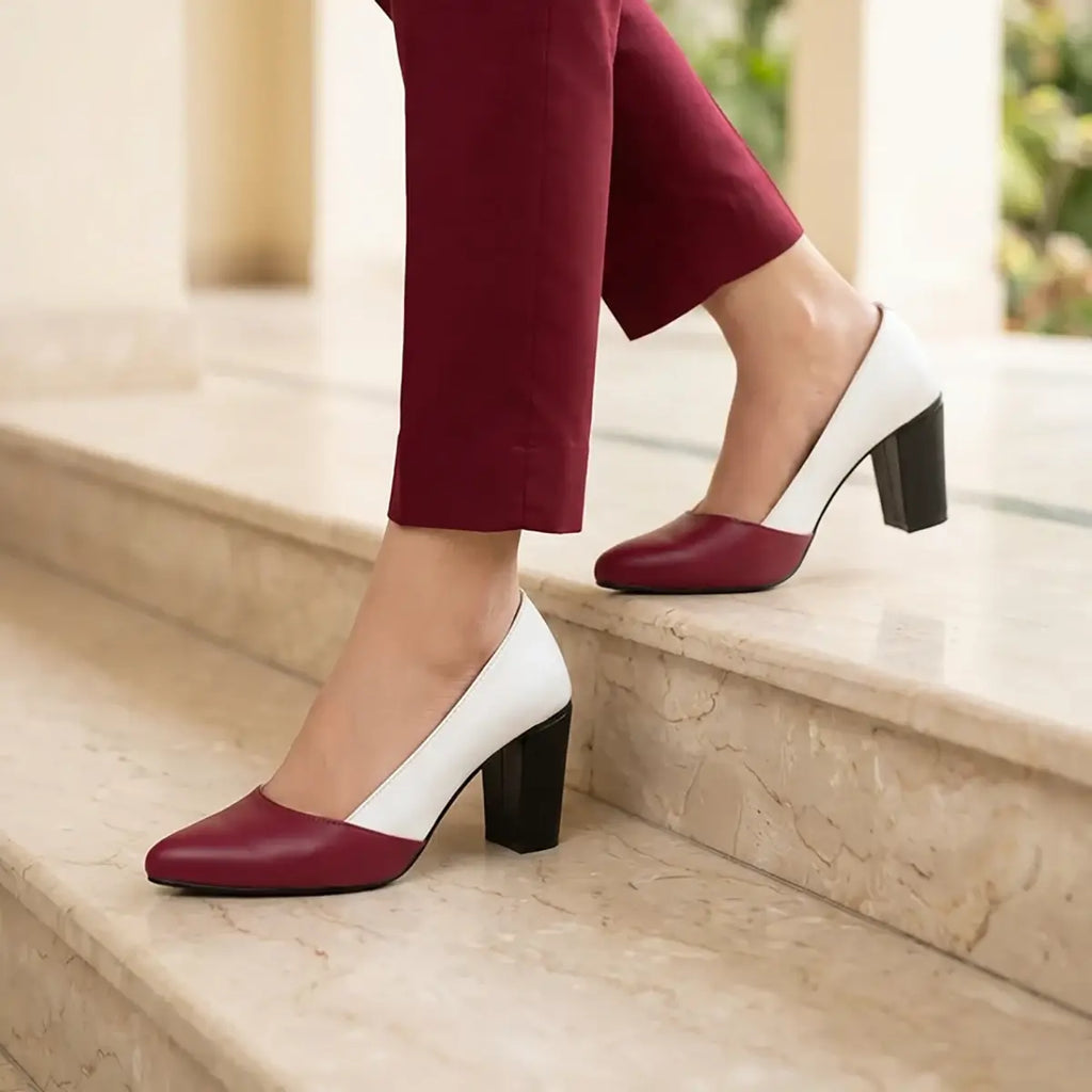 PumpItUp Flamingo Maroon-White Two-Tone Block Heels PIU_299 with pointed toes and 3-inch black block heels.