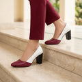 PumpItUp Flamingo Maroon-White Two-Tone Block Heels PIU_299 with pointed toes and 3-inch black block heels.