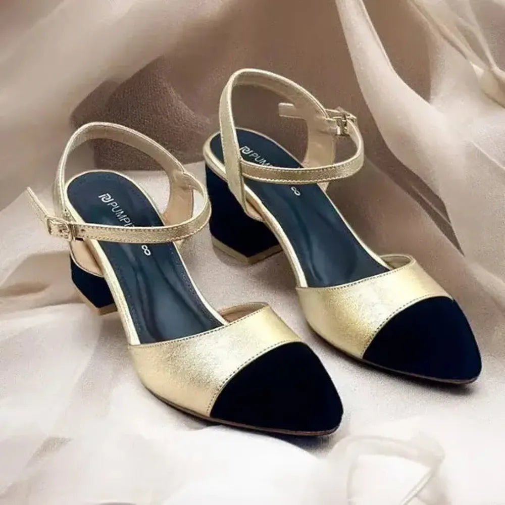 Gold Black Essential Block Heel PIU_241 — side angle view, ladies shoes Pakistan by PumpItUp