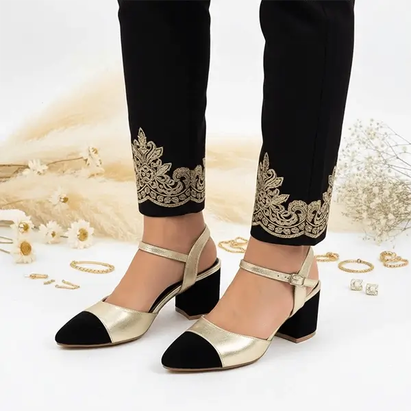 Gold Black Essential Block Heel PIU_241 Sofa Amarah Rexine ladies shoes PumpItUp.pk