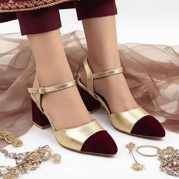 Gold Mehroon Essential Block Heel PIU_242 Sofa Amarah Rexine ladies shoes PumpItUp.pk