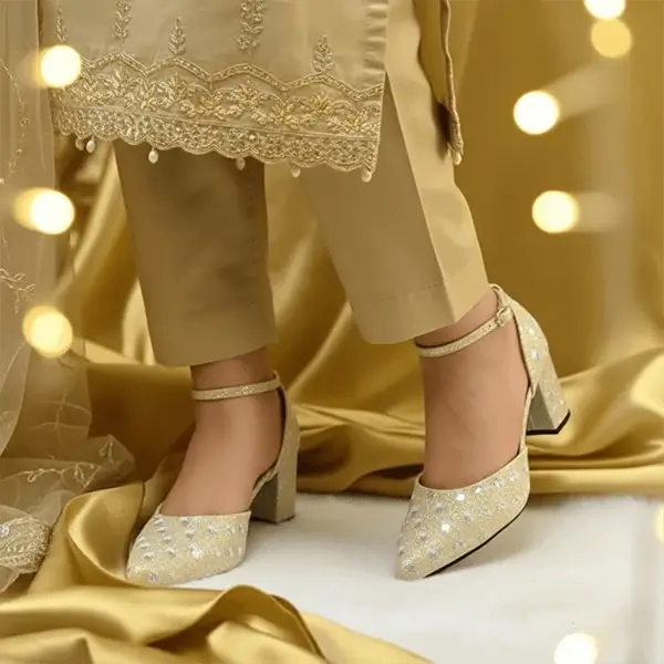Gold Sparkle Block Heel Pump PIU_196 Fine Shiny Rexine ladies shoes PumpItUp.pk