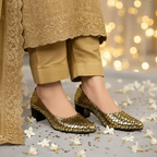 Golden Auric Scales Block Heel PIU_186 Shine Sweet Gold-Coated Finish ladies shoes PumpItUp.pk