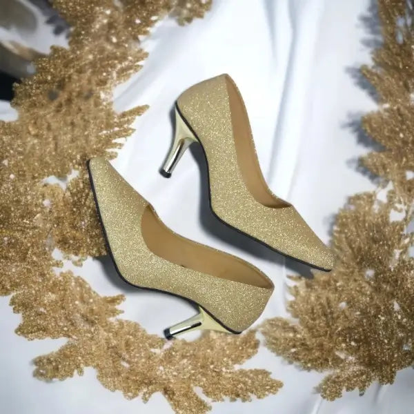 Golden Glitter Shine Court Shoe Heel PIU_85