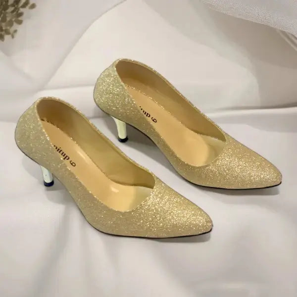 Golden Glitter Shine Court Shoe Heel PIU_85 shine rexine ladies shoes PumpItUp.pk