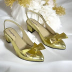 Golden Grace Bow Slingback heel close up bow detail rexine material Pakistan

