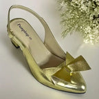 Women wearing golden slingback block heels with Pakistani outfit - PumpItUp
