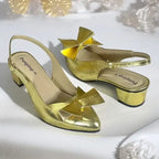 Golden bow slingback heels side view 1.5 inch block heel - PumpItUp.pk
