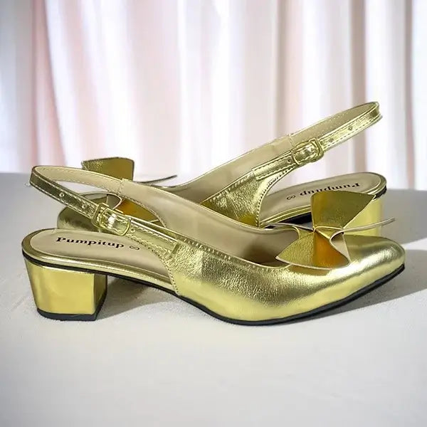 Golden Grace Bow Slingback Block Heel in golden leather rexine with bow detail - PumpItUp Pakistan
