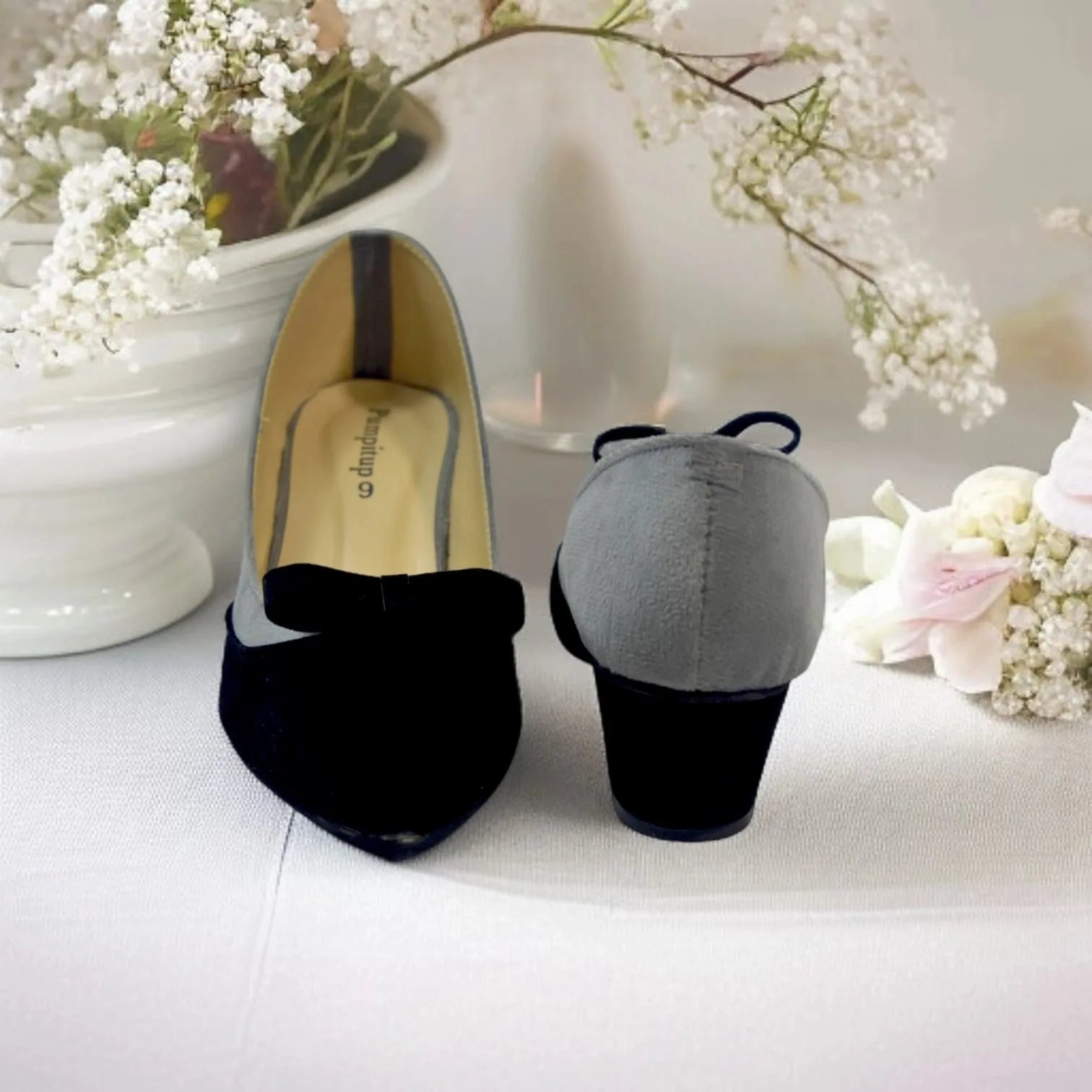 Gray & Black Tie Block Heel Pump PIU_106