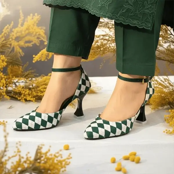Green Diamond Heels PIU_198 Sweet Fabric Rexine ladies shoes PumpItUp.pk