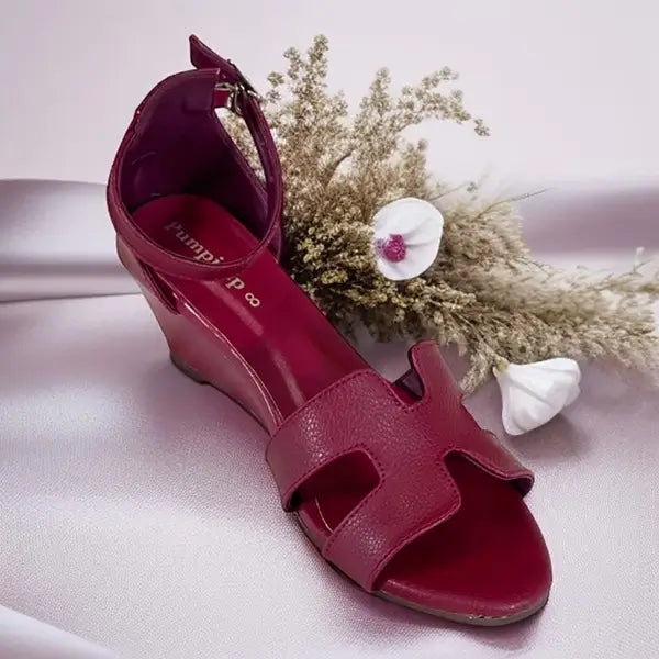 Mehroon Block Heel Wedges Pakistan - Leather Rexine for Women PIU_281 | PumpItUp