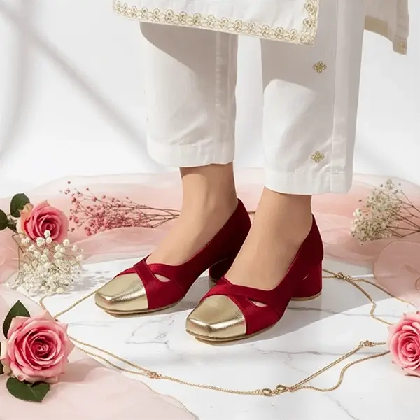 Merlot Gold Toe Block Heel PIU_249 Amarah Rexine ladies shoes PumpItUp.pk