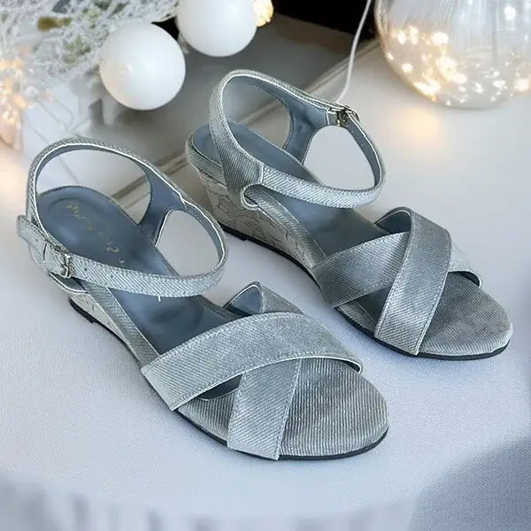 Midnight Grey Floral Wedges PIU_292 by PumpItUp, front view of grey floral wedge sandal for women
