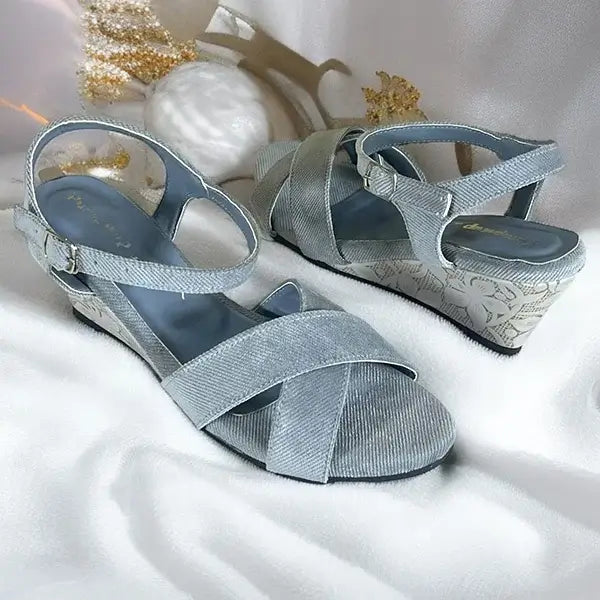 Midnight Grey Floral Wedges PIU_292 by PumpItUp, front view of grey floral wedge sandal for women
