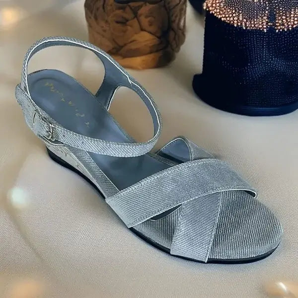Midnight Grey Floral Wedges PIU_292 by PumpItUp, front view of grey floral wedge sandal for women
