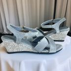 Midnight Grey Floral Wedges PIU_292 by PumpItUp, front view of grey floral wedge sandal for women
