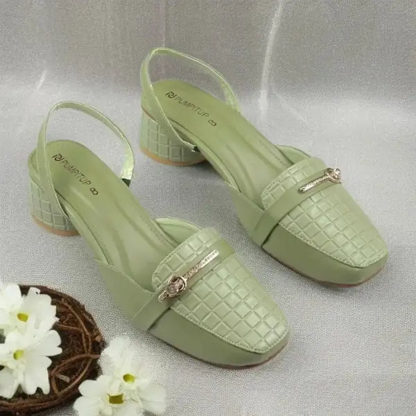 Mint Waffle Charm Slingback PIU_221 textured block heel slingback shoes PumpItUp.pk