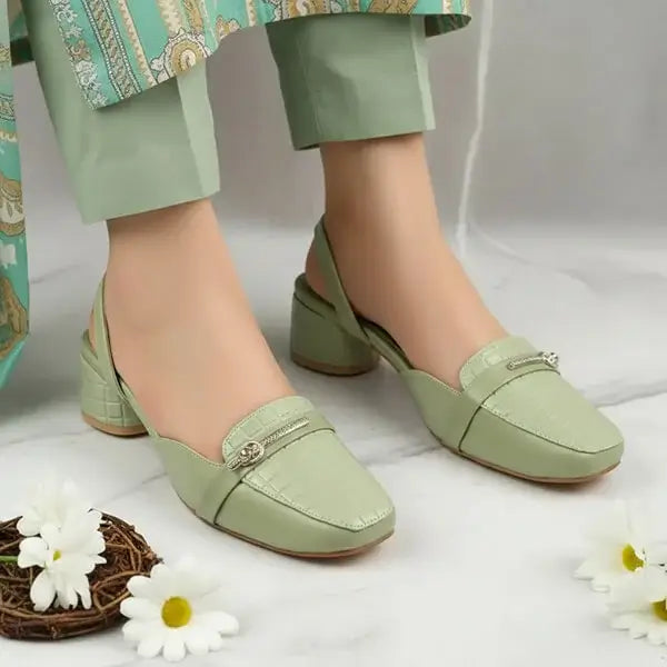 Mint Waffle Charm Slingback Block Heel PIU_221 Imported Sofa Rexine ladies shoes PumpItUp.pk