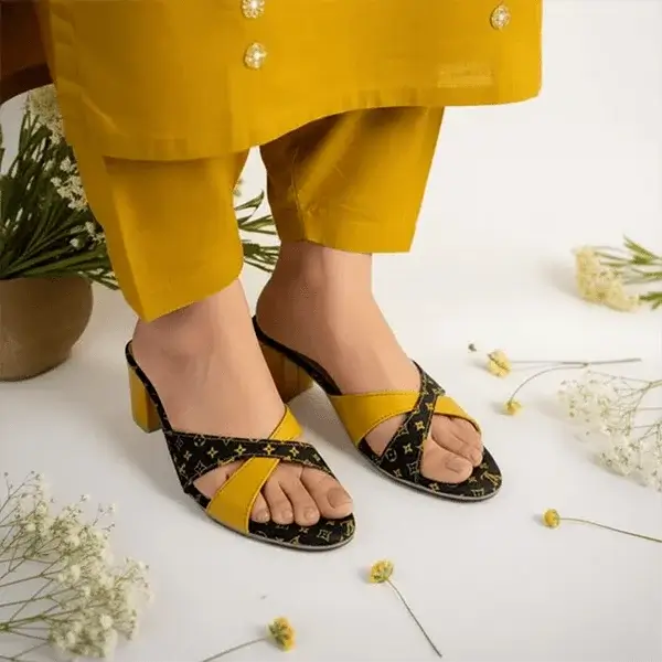 Mustard LVX Super Comfy Block Heel Sandal PIU_158 Jeans + Sofa Rexine ladies shoes PumpItUp.pk