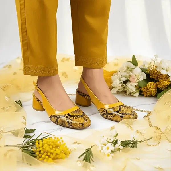 Mustard Python Power Slingback Block Heel PIU_218 Imported Patent Rexine ladies shoes PumpItUp.pk