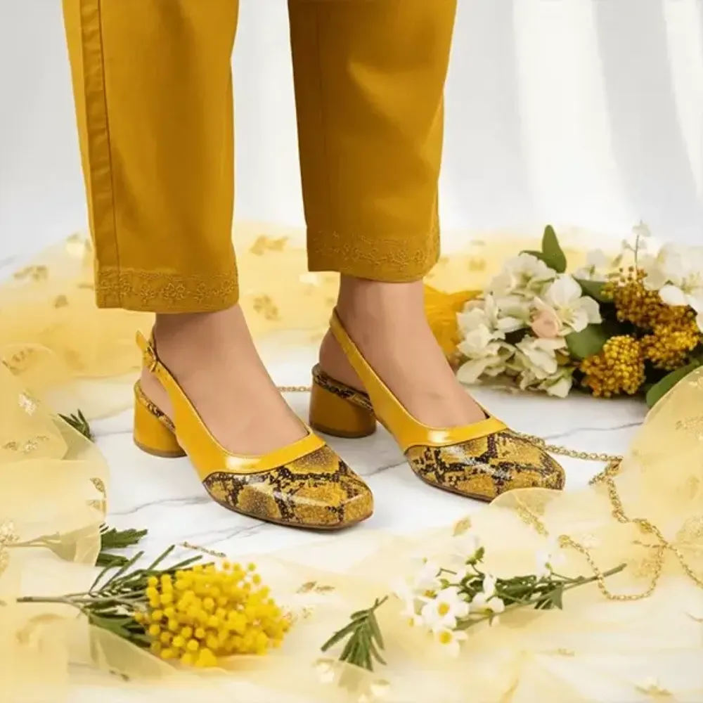 Mustard Python Power Slingback Block Heel PIU_218 — front view, ladies shoes Pakistan by PumpItUp