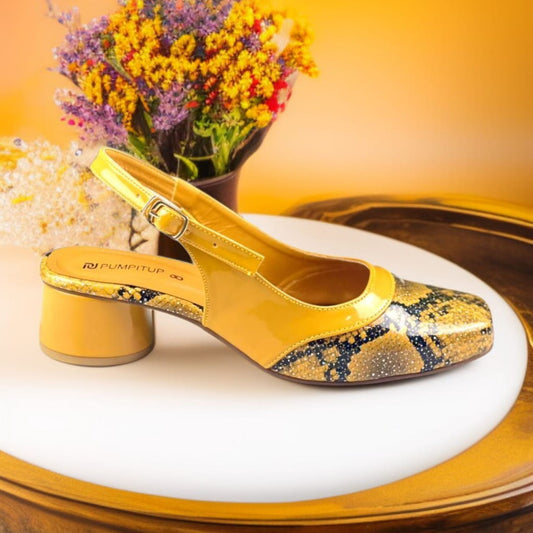 “Mustard Python Power Slingback Block Heel PIU_218 for Women – PumpItUp.pk”