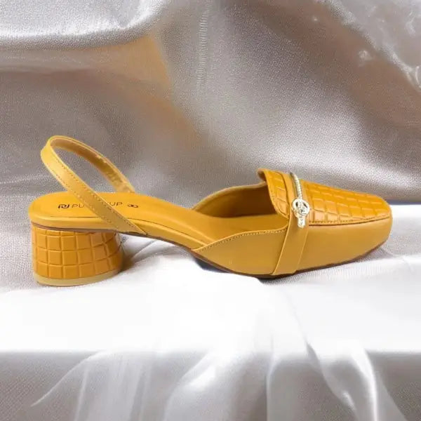 Mustard Waffle Charm Slingback PIU_220 textured block heel slingback shoes PumpItUp.pk