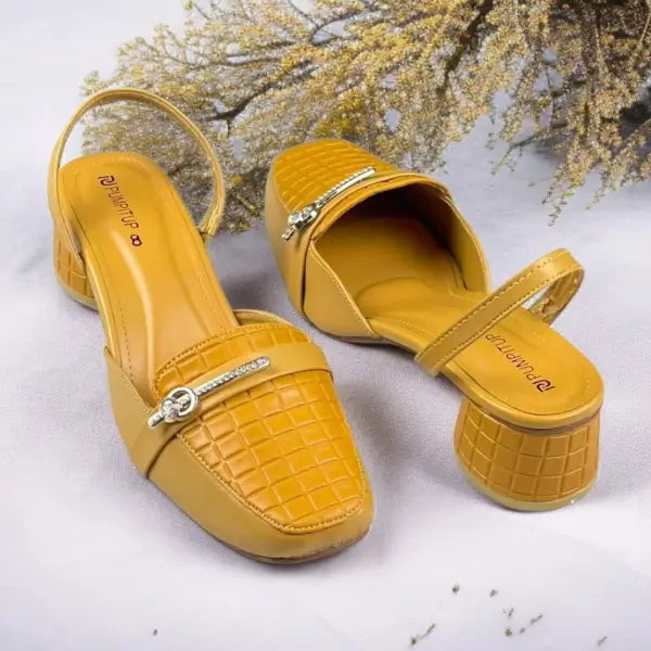 Mustard Waffle Charm Slingback PIU_220 textured block heel slingback shoes PumpItUp.pk