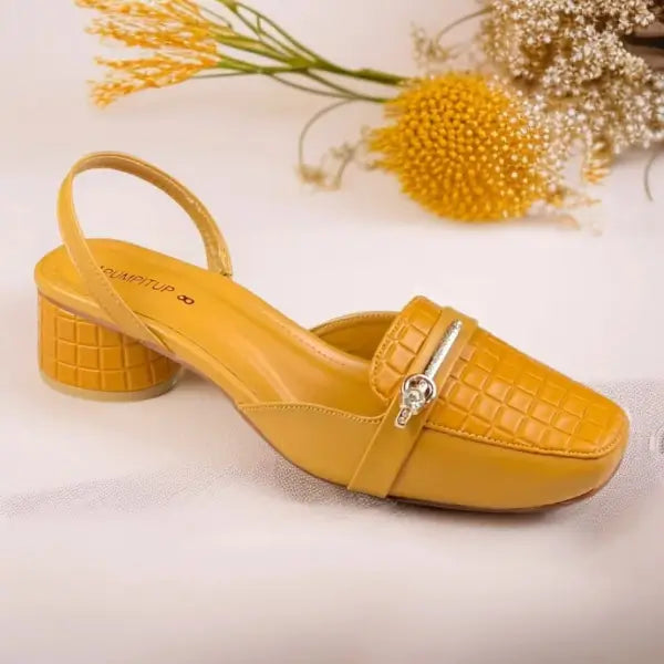 Mustard Waffle Charm Slingback PIU_220 textured block heel slingback shoes PumpItUp.pk