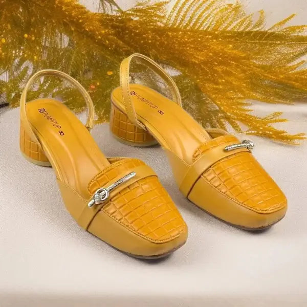 Mustard Waffle Charm Slingback PIU_220 textured block heel slingback shoes PumpItUp.pk