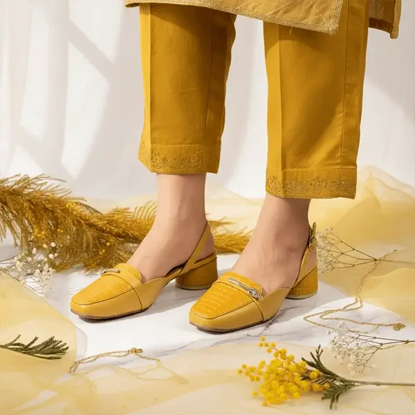 Mustard Waffle Charm Slingback Block Heel PIU_220 Imported Sofa Rexine ladies shoes PumpItUp.pk