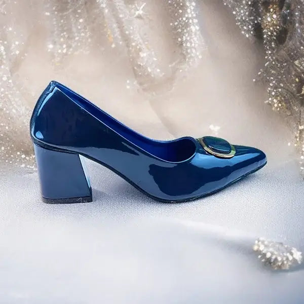 Navy Blue Glossy Block Heel PIU_240 patent rexine ladies shoes PumpItUp.pk
