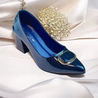 Navy Blue Glossy Block Heel PIU_240 patent rexine ladies shoes PumpItUp.pk