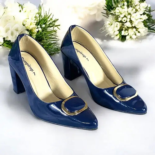 Navy Blue Glossy Block Heel PIU_240 Patent Rexine ladies shoes PumpItUp.pk