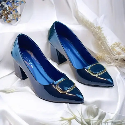 Navy Blue Glossy Block Heel PIU_240 patent rexine ladies shoes PumpItUp.pk