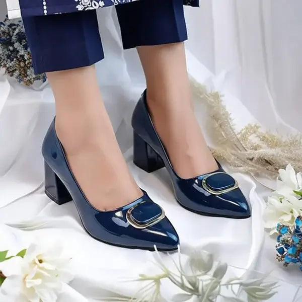 Navy Blue Glossy Block Heel PIU_240 Patent Rexine ladies shoes PumpItUp.pk