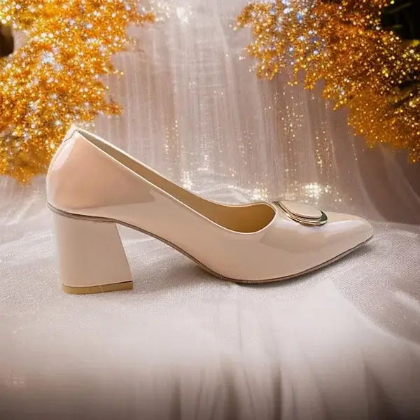 Nude Glossy Block Heel PIU_239 patent rexine ladies shoes PumpItUp.pk