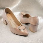 Nude Glossy Block Heel PIU_239 patent rexine ladies shoes PumpItUp.pk