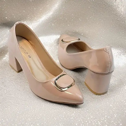 Nude Glossy Block Heel PIU_239 patent rexine ladies shoes PumpItUp.pk