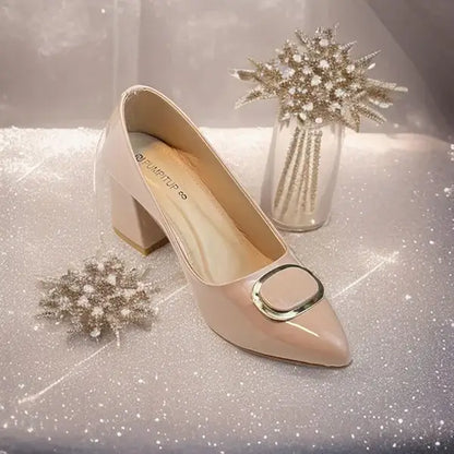 Nude Glossy Block Heel PIU_239 patent rexine ladies shoes PumpItUp.pk
