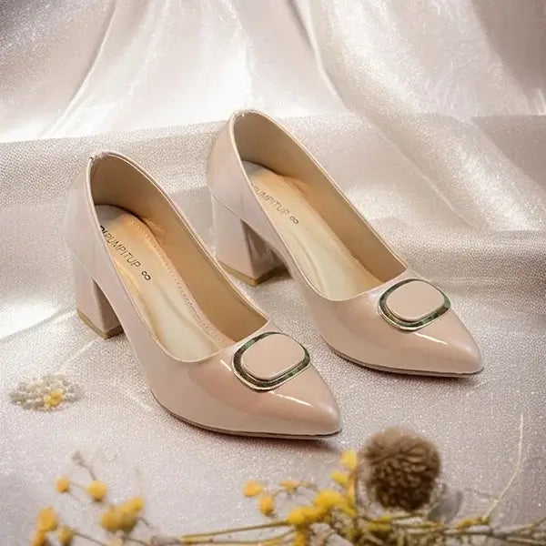 Nude Glossy Block Heel PIU_239 patent rexine ladies shoes PumpItUp.pk