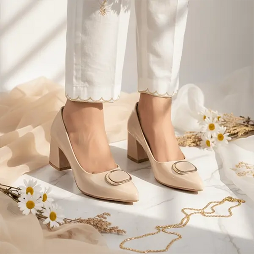 Nude Glossy Block Heel PIU_239 Patent Rexine ladies shoes PumpItUp.pk