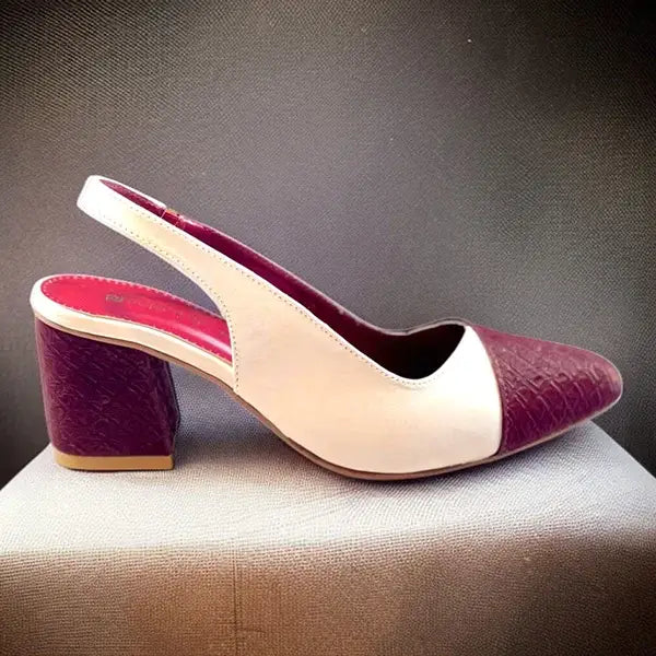 Off White & Mehroon Charm Slingback PIU_229 ladies 2 inch block heel shoes PumpItUp.pk