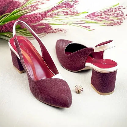 Off White & Mehroon Charm Slingback PIU_229 ladies 2 inch block heel shoes PumpItUp.pk