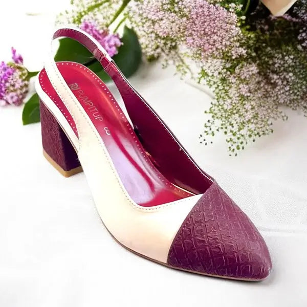 Off White & Mehroon Charm Slingback PIU_229 ladies 2 inch block heel shoes PumpItUp.pk