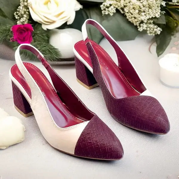 Off White & Mehroon Charm Slingback PIU_229 ladies 2 inch block heel shoes PumpItUp.pk