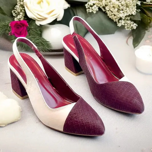 Off White & Mehroon Charm Slingback PIU_229 ladies 2 inch block heel shoes PumpItUp.pk