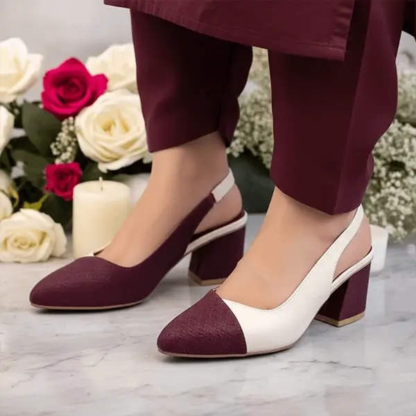 Off White & Mehroon Charm Slingback Block Heel PIU_229 Sofa & Fabric ladies shoes PumpItUp.pk